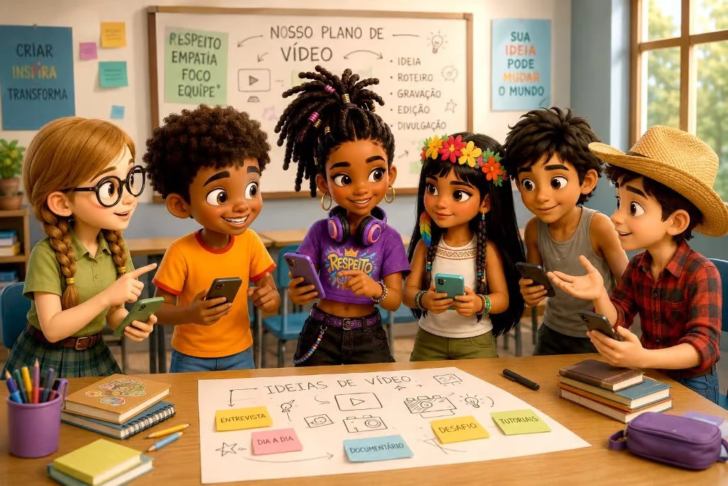 Estudantes produzindo conteúdo audiovisual para o Festival Minha Escola na Tela